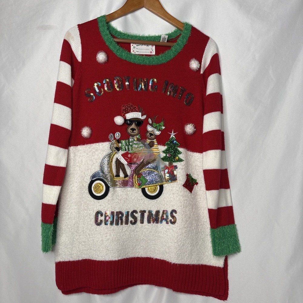 Scooting Into Christmas Merry & Bright Ugly Christmas Sweater Medium‎ Reindeer